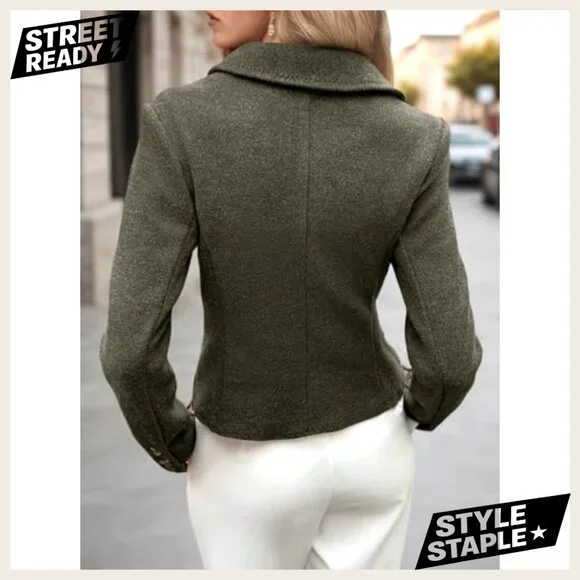 Cropped Tweed Blazer Slim Fit Work Casual Polyester Blend Lined - Picture 5 of 7